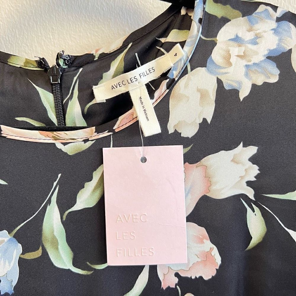 NWT Avec Les Filles Black Floral Print Ruffle A Line Mini Dress Size 6 - Picture 9 of 13
